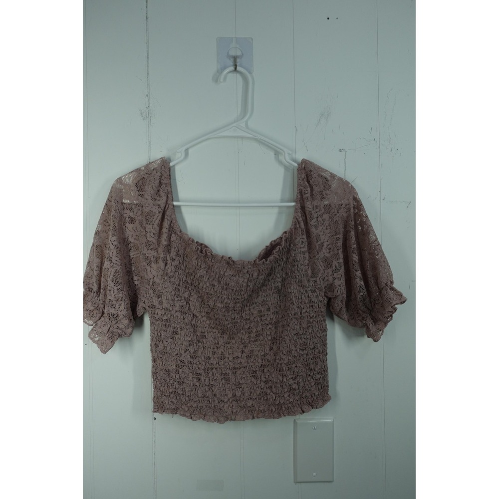 Active USA Blouse Womens Medium Pink Lace Puff Sleeve Square Neck Crop Top - Picture 2 of 9